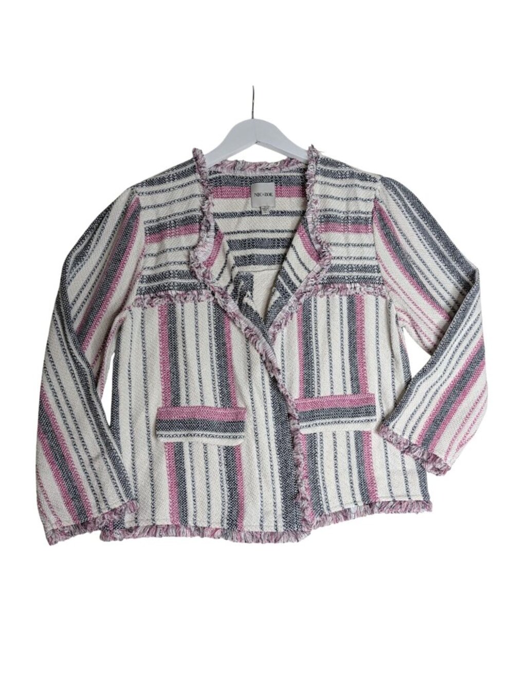 NIC+ZOE Voyage Textured Fringe Tweed Jacket Pink & Blue Striped Size L - Picture 9 of 14